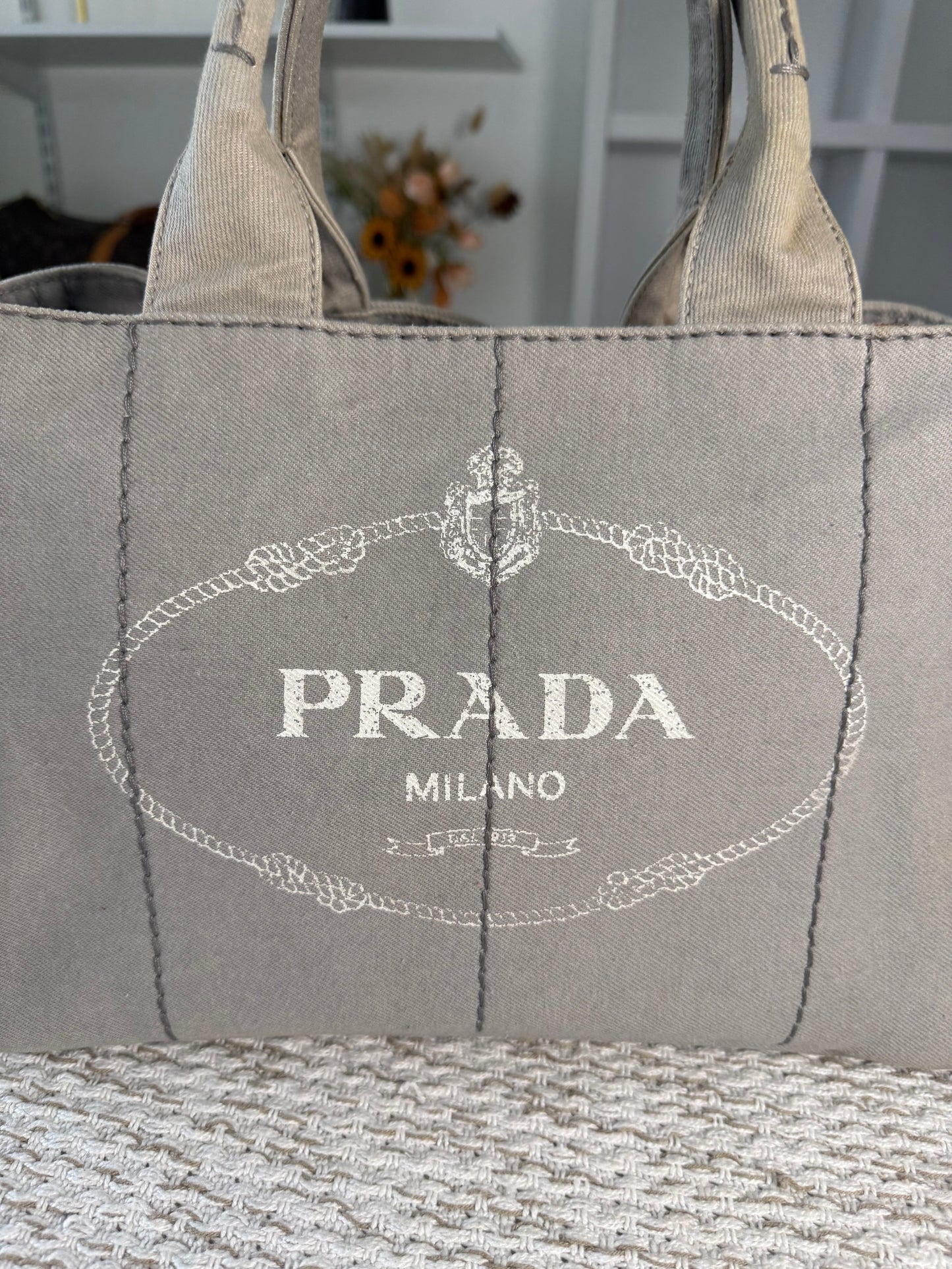 PRADA CANAPA TOTE BAG IN GREY DENIM CANVAS