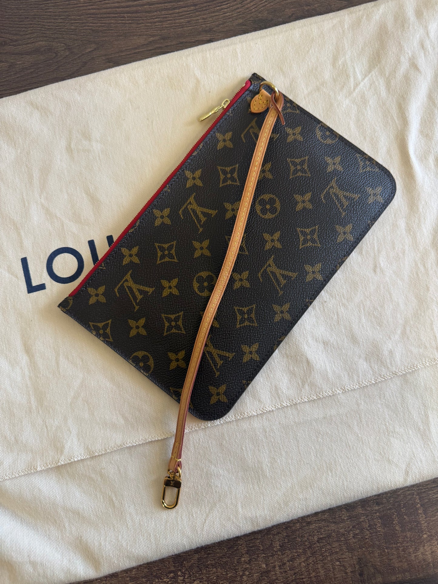 LOUIS VUITTON NEVERFULL MM IN MONOGRAM RED INTERIOR WITH POUCH