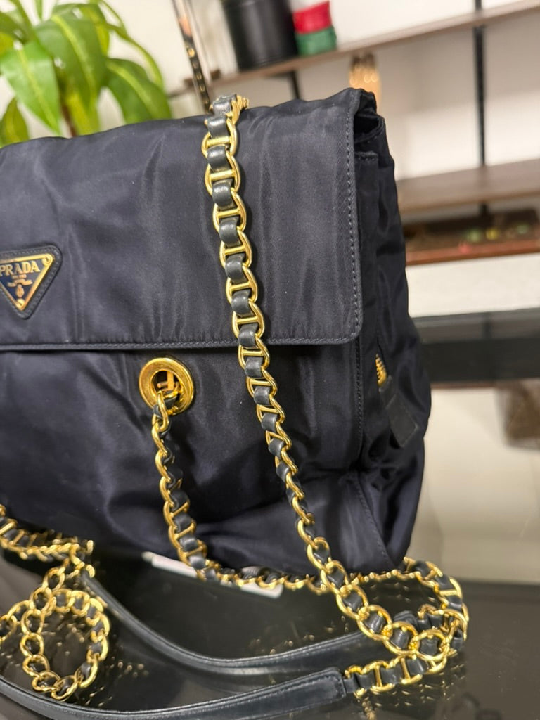 Vintage 1995 Prada Tessuto Catena Navy Blue Nylon Chain Shoulder Bag 240-9