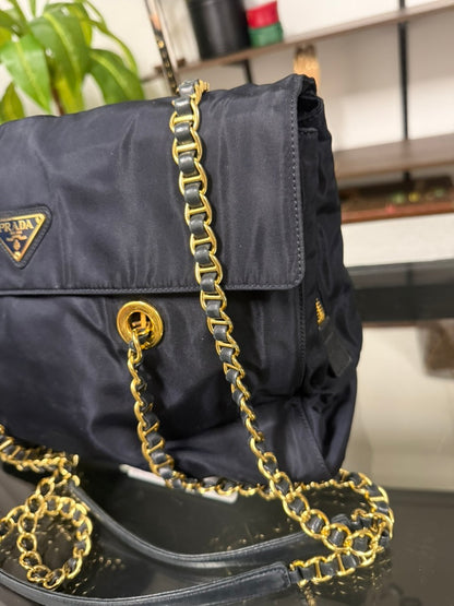 Vintage 1995 Prada Tessuto Catena Navy Blue Nylon Chain Shoulder Bag 240-9