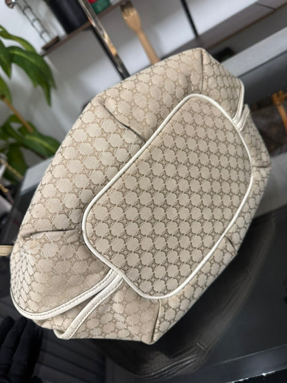 Vintage Celine Macadam Tassel Handbag in Beige Canvas and Ivory Croc-Embossed Leather