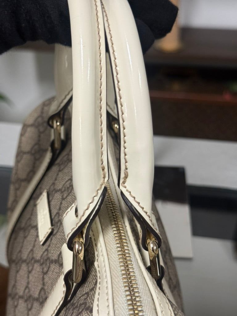 Gucci GG Mini Boston Supreme Handbag Beige Canvas White Patent Leather