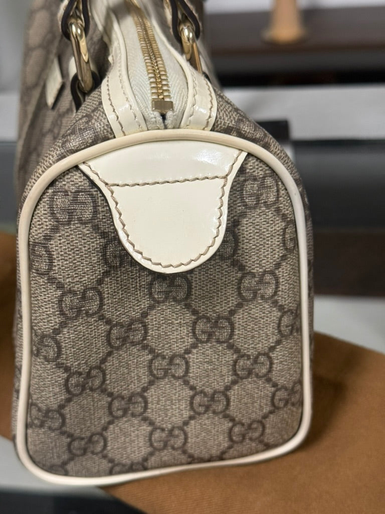Gucci GG Mini Boston Supreme Handbag Beige Canvas White Patent Leather