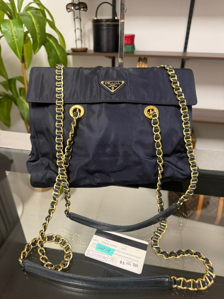 Vintage 1995 Prada Tessuto Catena Navy Blue Nylon Chain Shoulder Bag 240-9