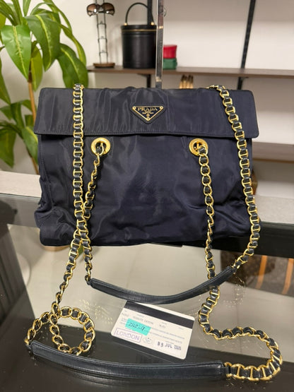 Vintage 1995 Prada Tessuto Catena Navy Blue Nylon Chain Shoulder Bag 240-9