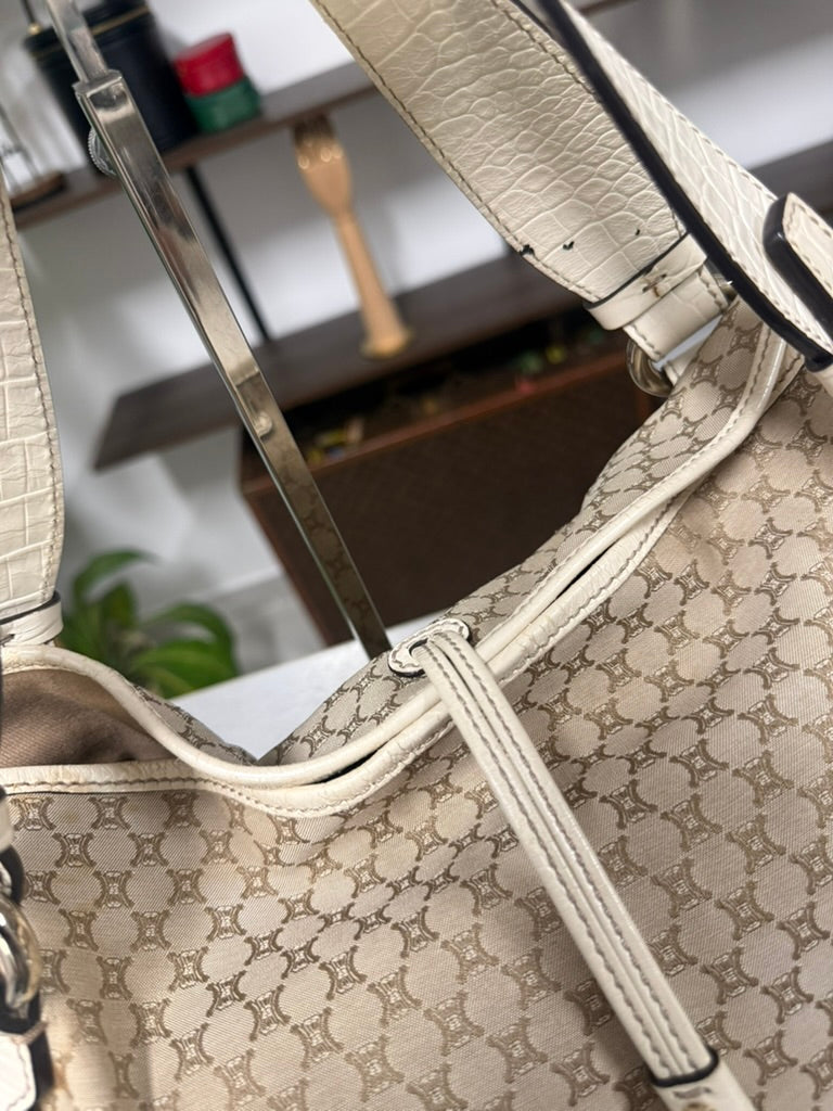Vintage Celine Macadam Tassel Handbag in Beige Canvas and Ivory Croc-Embossed Leather