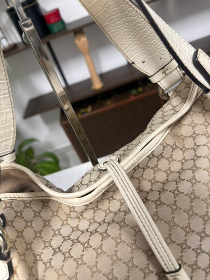 Vintage Celine Macadam Tassel Handbag in Beige Canvas and Ivory Croc-Embossed Leather