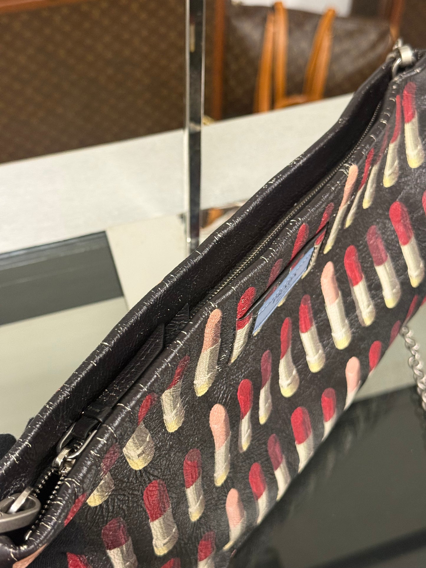 Prada Lipstick Print Black and Red Leather Clutch Chain Shoulder Bag 1BF060