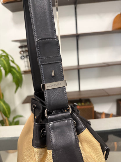 Saint Laurent Beige and Black Nylon Leather Shoulder Bag YSL