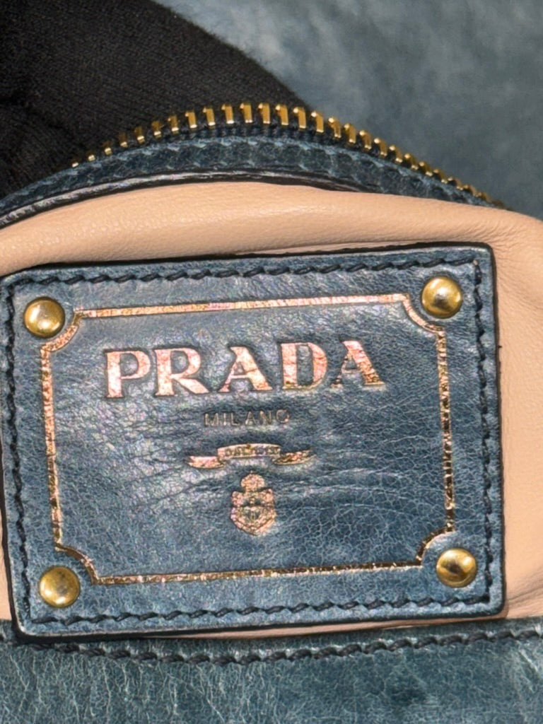 Prada Blue Leather Chain Shoulder Bag with Gold-Tone Hardware