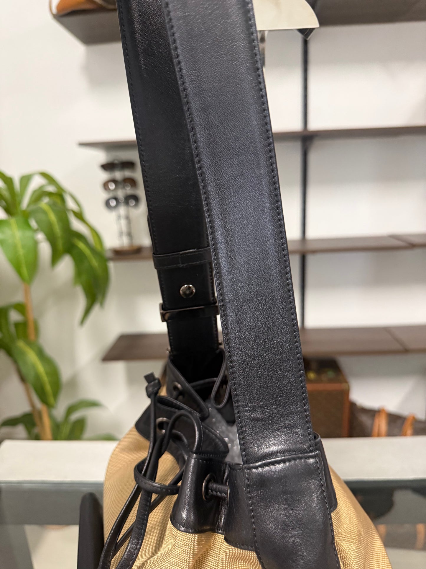 Saint Laurent Beige and Black Nylon Leather Shoulder Bag YSL