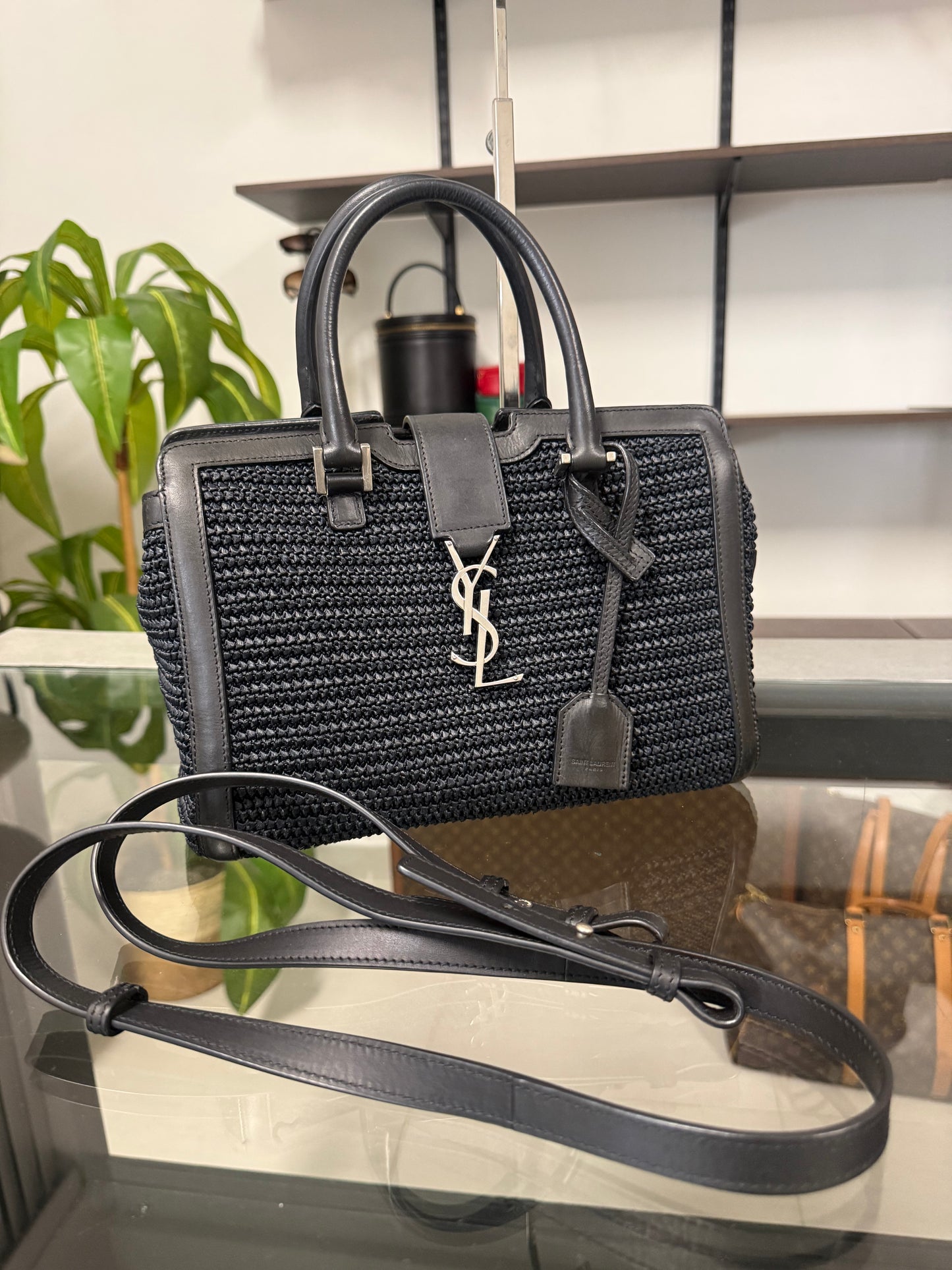 Saint Laurent Paris Baby Cabas Black Raffia and Leather Top Handle Bag 424868 YSL