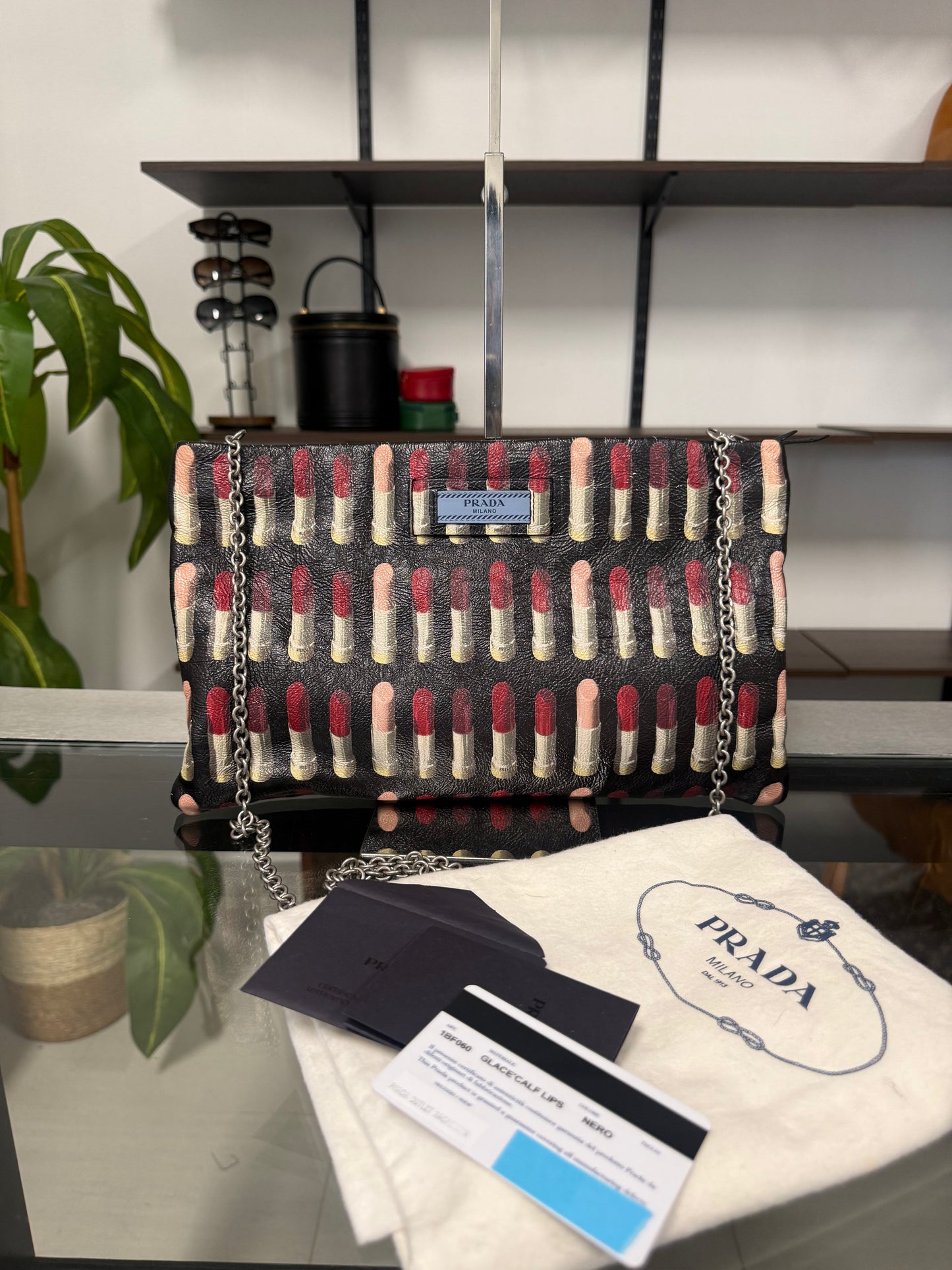 Prada Lipstick Print Black and Red Leather Clutch Chain Shoulder Bag 1BF060
