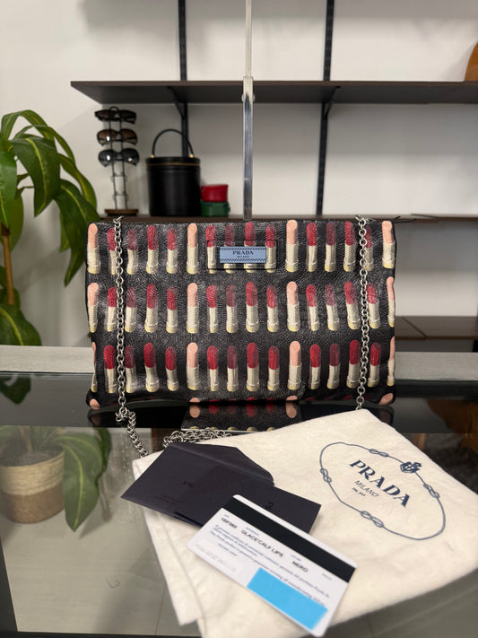 Prada Lipstick Print Black and Red Leather Clutch Chain Shoulder Bag 1BF060