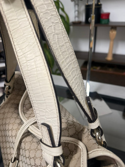 Vintage Celine Macadam Tassel Handbag in Beige Canvas and Ivory Croc-Embossed Leather