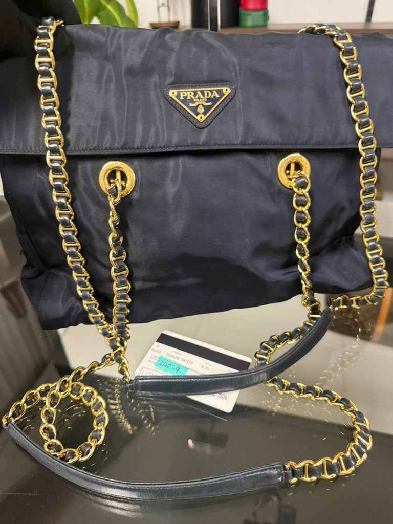 Vintage 1995 Prada Tessuto Catena Navy Blue Nylon Chain Shoulder Bag 240-9