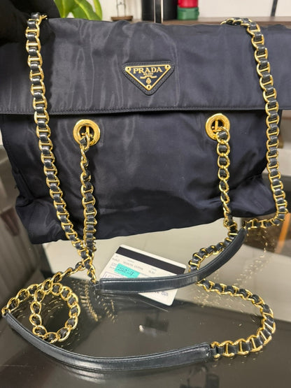 Vintage 1995 Prada Tessuto Catena Navy Blue Nylon Chain Shoulder Bag 240-9