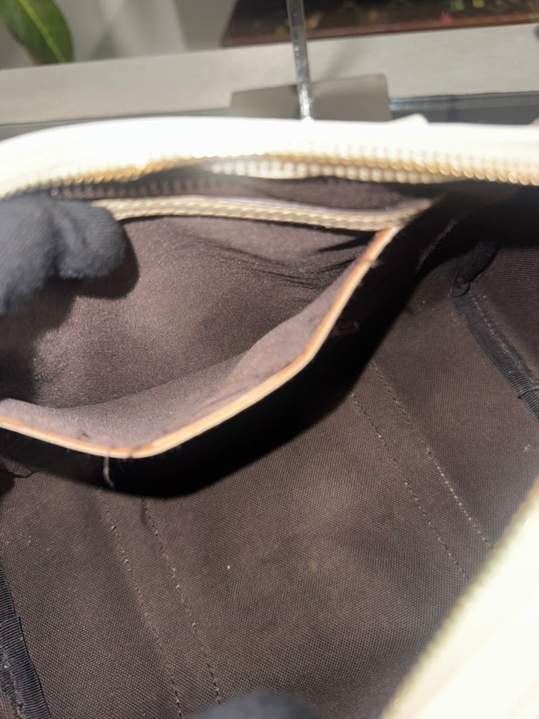 Gucci GG Mini Boston Supreme Handbag Beige Canvas White Patent Leather