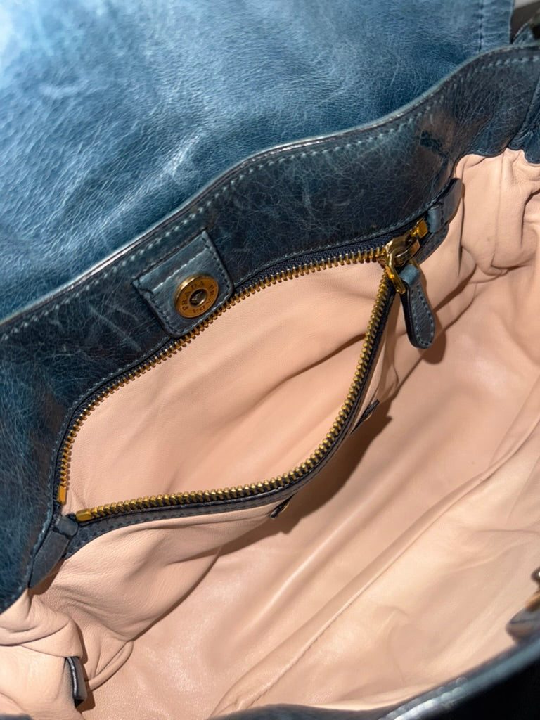 Prada Blue Leather Chain Shoulder Bag with Gold-Tone Hardware