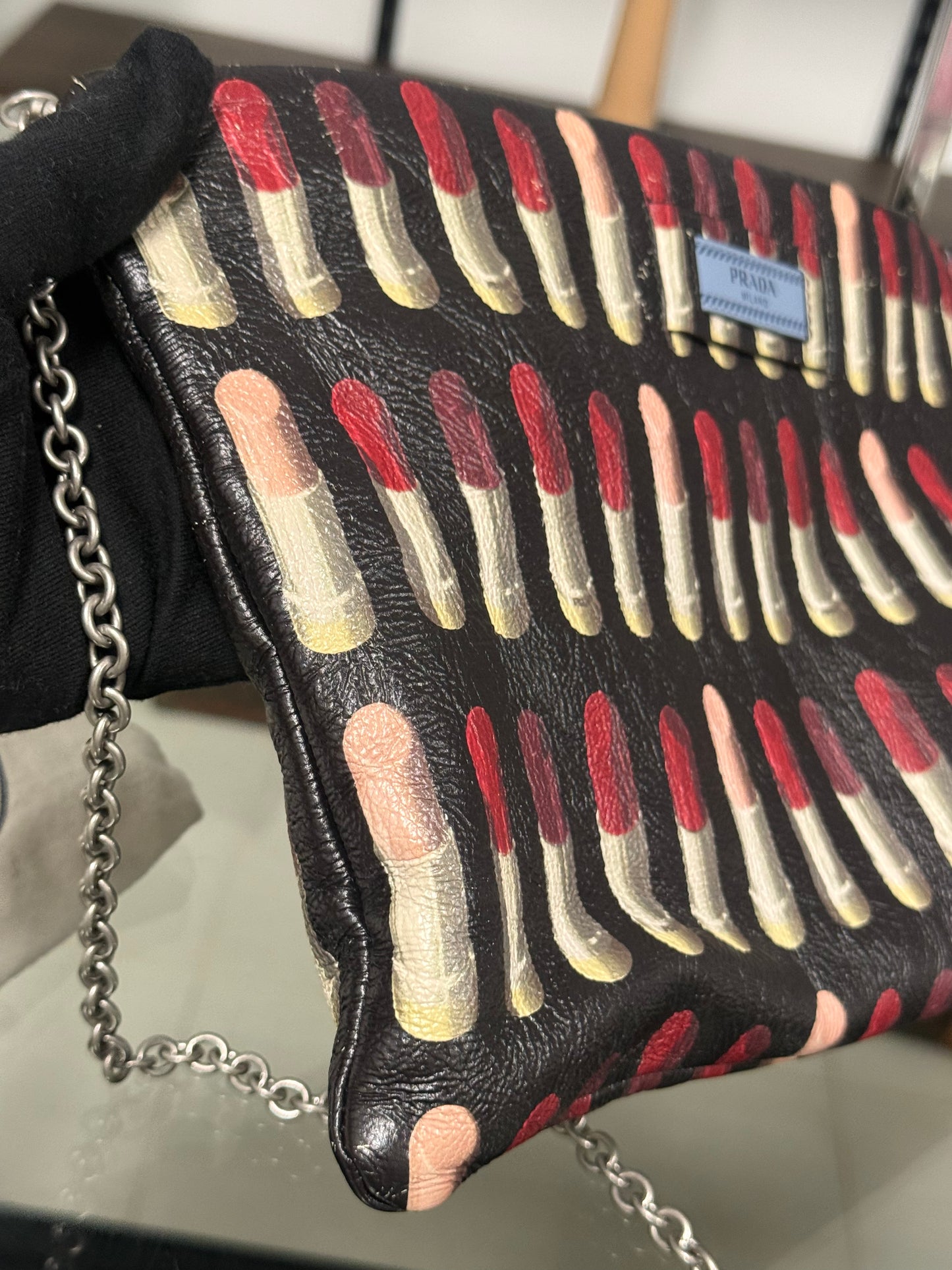 Prada Lipstick Print Black and Red Leather Clutch Chain Shoulder Bag 1BF060