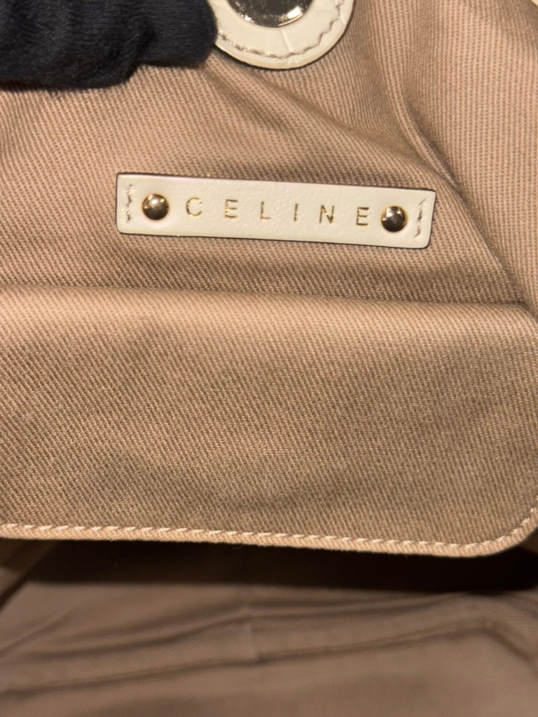 Vintage Celine Macadam Tassel Handbag in Beige Canvas and Ivory Croc-Embossed Leather