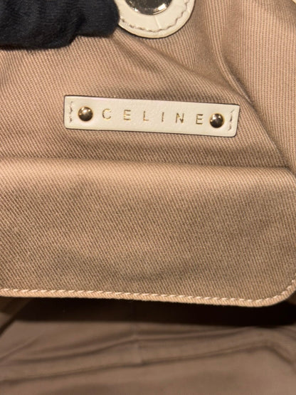 Vintage Celine Macadam Tassel Handbag in Beige Canvas and Ivory Croc-Embossed Leather
