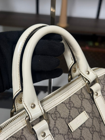 Gucci GG Mini Boston Supreme Handbag Beige Canvas White Patent Leather