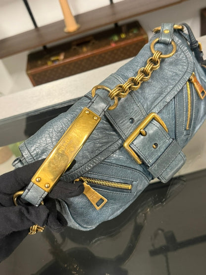 Prada Blue Leather Chain Shoulder Bag with Gold-Tone Hardware