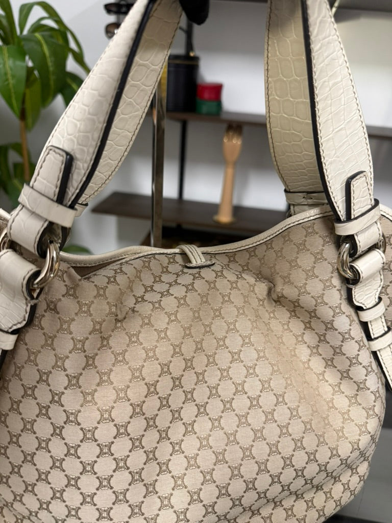 Vintage Celine Macadam Tassel Handbag in Beige Canvas and Ivory Croc-Embossed Leather