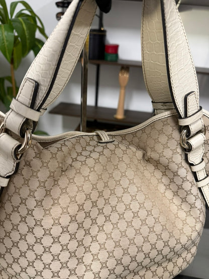 Vintage Celine Macadam Tassel Handbag in Beige Canvas and Ivory Croc-Embossed Leather