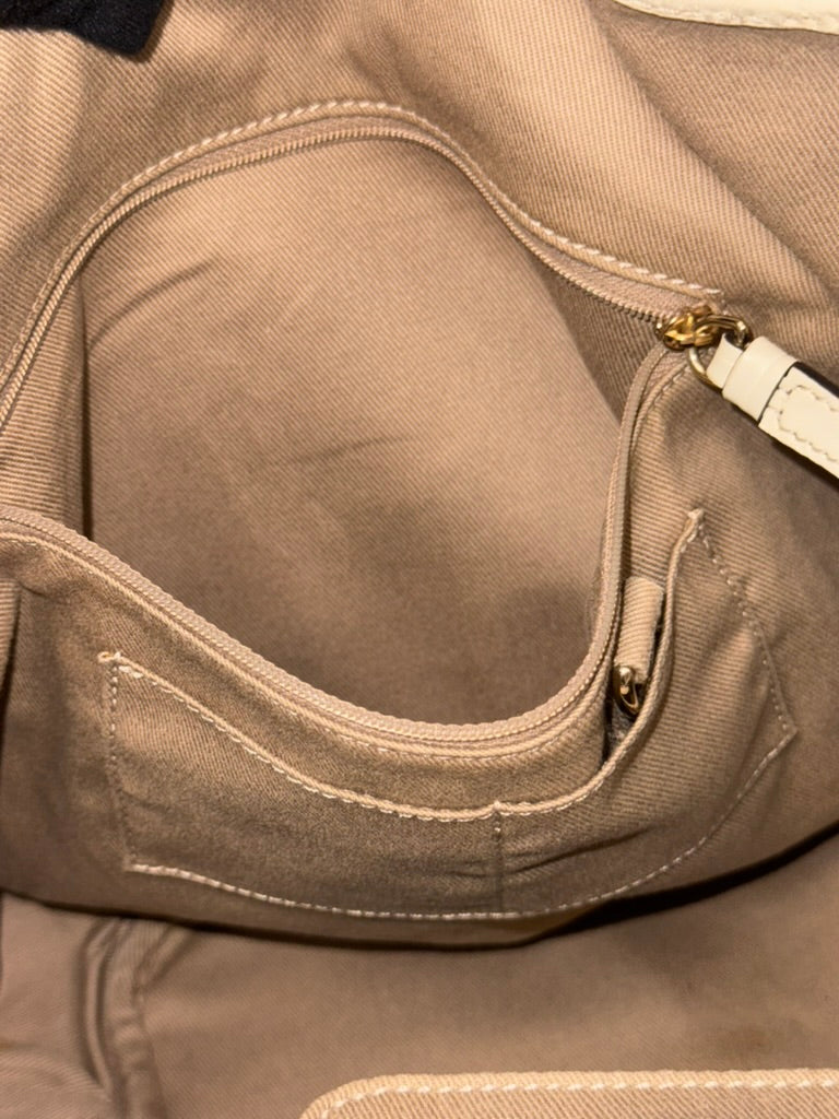 Vintage Celine Macadam Tassel Handbag in Beige Canvas and Ivory Croc-Embossed Leather