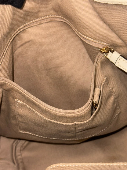 Vintage Celine Macadam Tassel Handbag in Beige Canvas and Ivory Croc-Embossed Leather