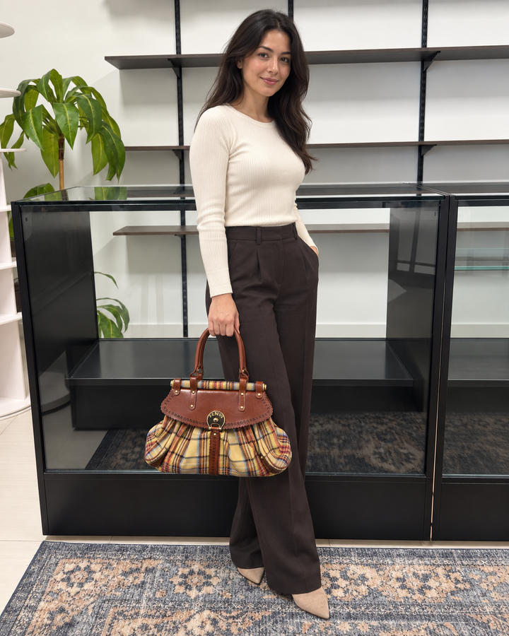 Multicolor Wool Fabric and Leather Small Magic Top Handle Bag