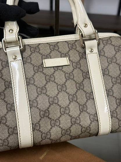Gucci GG Mini Boston Supreme Handbag Beige Canvas White Patent Leather