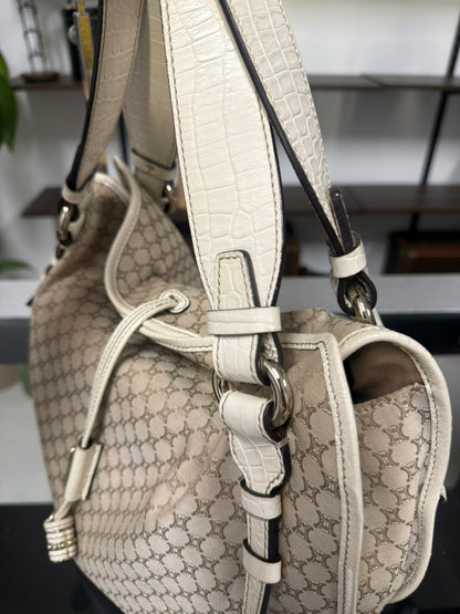 Vintage Celine Macadam Tassel Handbag in Beige Canvas and Ivory Croc-Embossed Leather