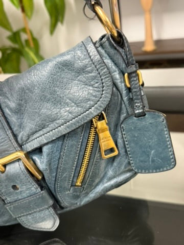 Prada Blue Leather Chain Shoulder Bag with Gold-Tone Hardware