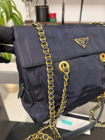 Vintage 1995 Prada Tessuto Catena Navy Blue Nylon Chain Shoulder Bag 240-9