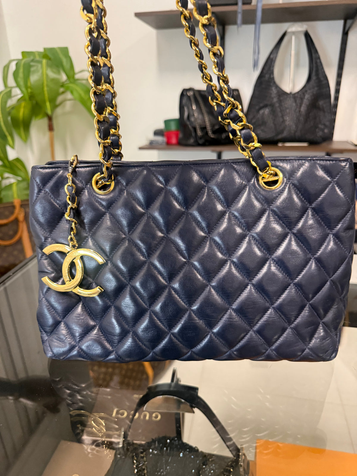 Chanel Navy Blue Quilted Lambskin Leather Zip Shoulder Bag circa 1989–1991