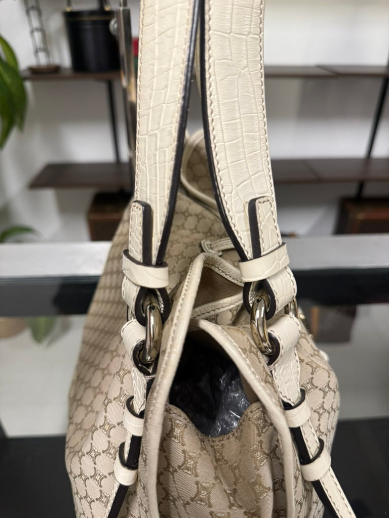 Vintage Celine Macadam Tassel Handbag in Beige Canvas and Ivory Croc-Embossed Leather