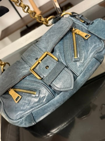 Prada Blue Leather Chain Shoulder Bag with Gold-Tone Hardware