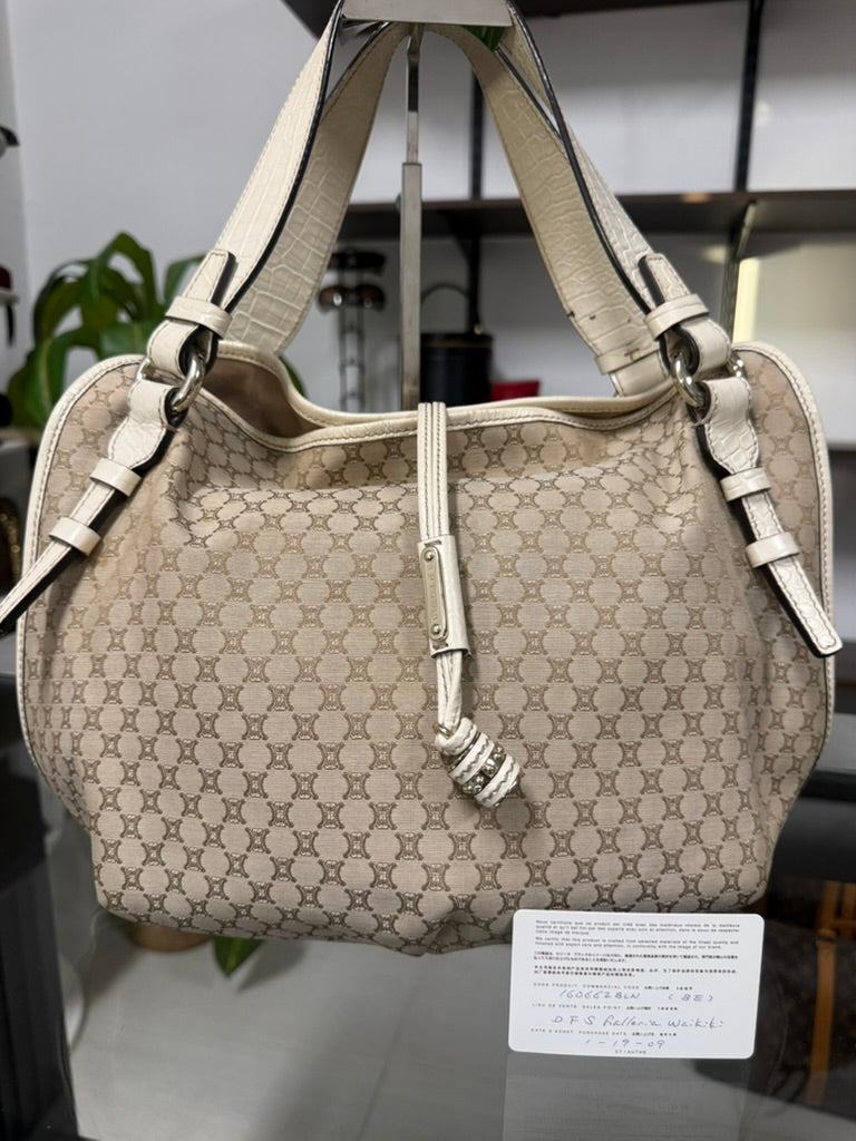Vintage Celine Macadam Tassel Handbag in Beige Canvas and Ivory Croc-Embossed Leather