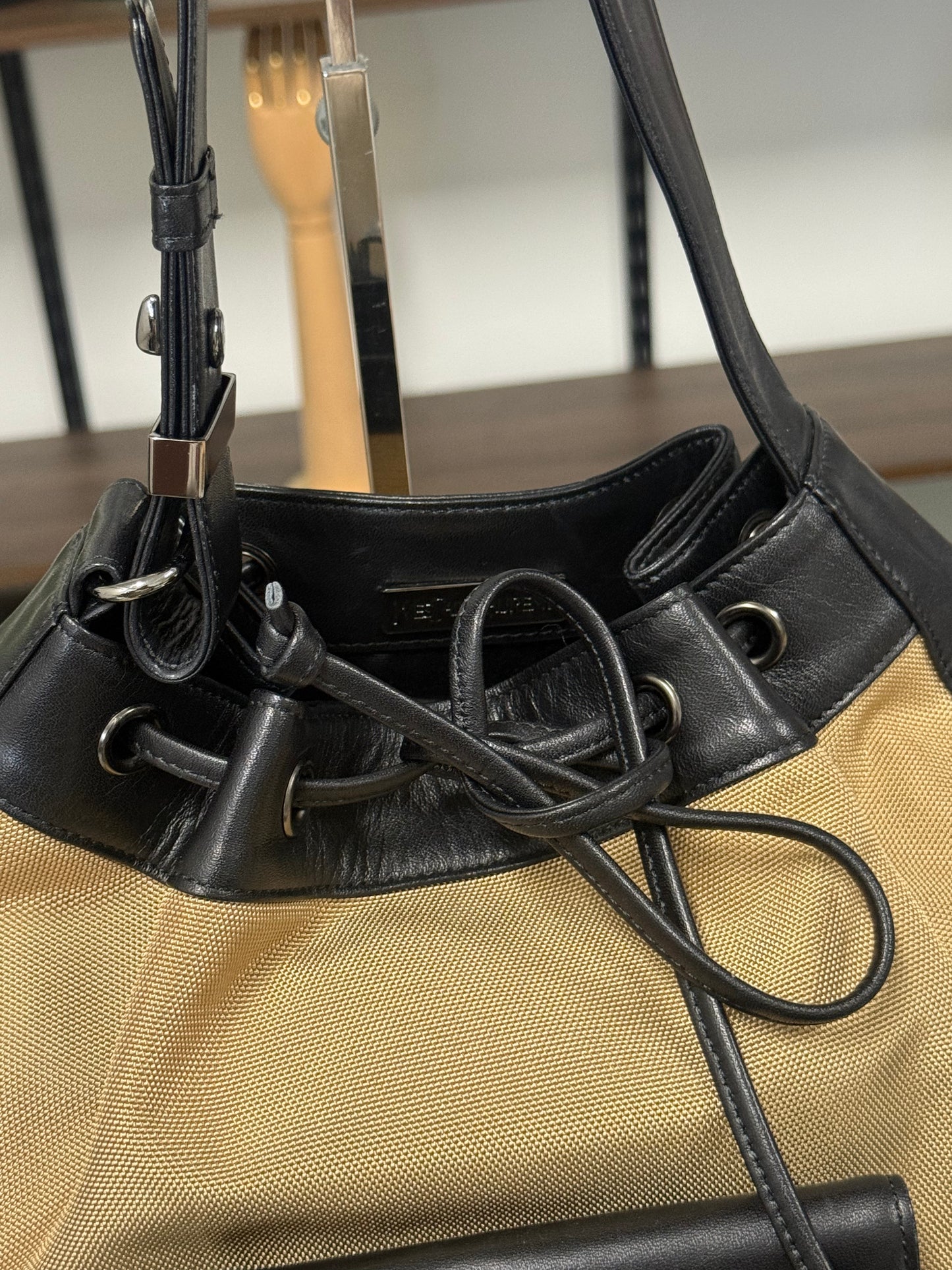 Saint Laurent Beige and Black Nylon Leather Shoulder Bag YSL
