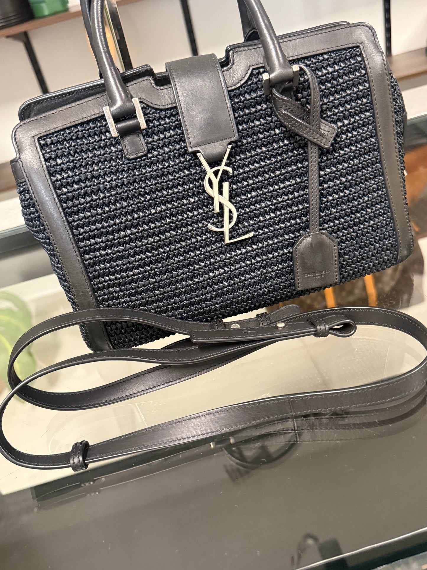 Saint Laurent Paris Baby Cabas Black Raffia and Leather Top Handle Bag 424868 YSL