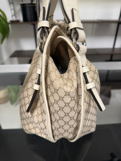 Vintage Celine Macadam Tassel Handbag in Beige Canvas and Ivory Croc-Embossed Leather