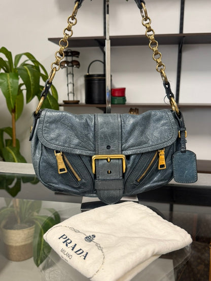 Prada Blue Leather Chain Shoulder Bag with Gold-Tone Hardware