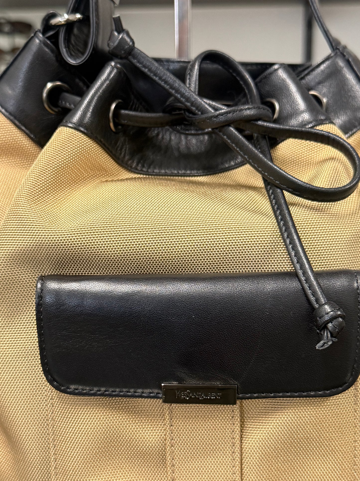 Saint Laurent Beige and Black Nylon Leather Shoulder Bag YSL