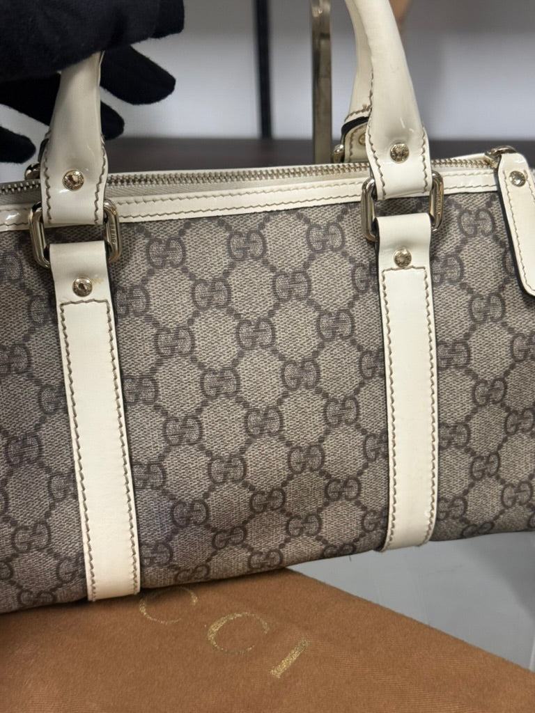 Gucci GG Mini Boston Supreme Handbag Beige Canvas White Patent Leather