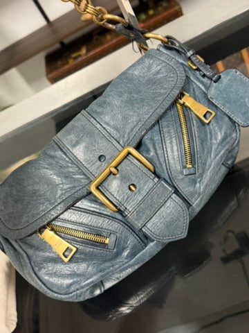 Prada Blue Leather Chain Shoulder Bag with Gold-Tone Hardware