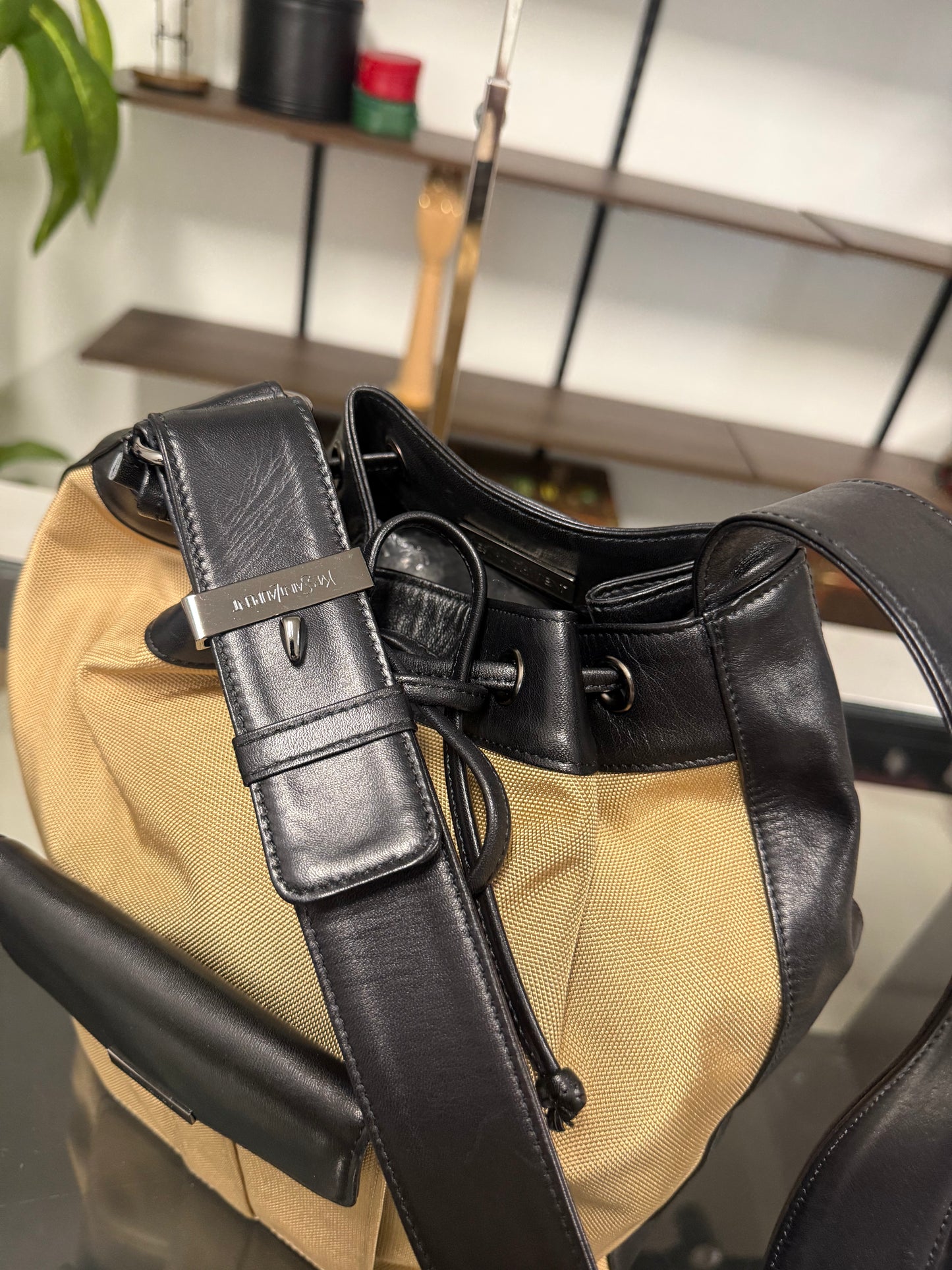 Saint Laurent Beige and Black Nylon Leather Shoulder Bag YSL