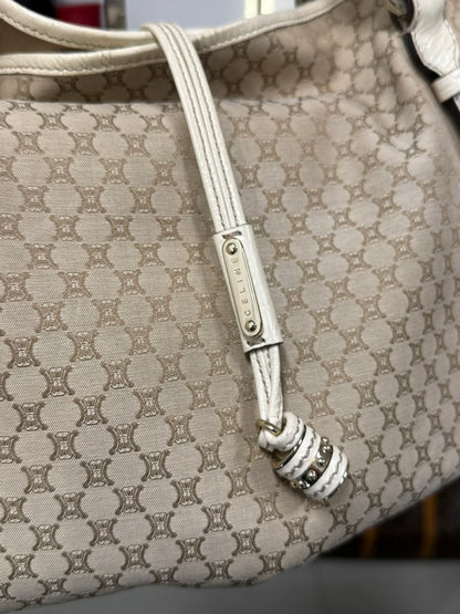 Vintage Celine Macadam Tassel Handbag in Beige Canvas and Ivory Croc-Embossed Leather